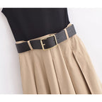 Robe 2 en 1 Jupe Plissé Beige, Débardeur Noir & Ceinture Croco