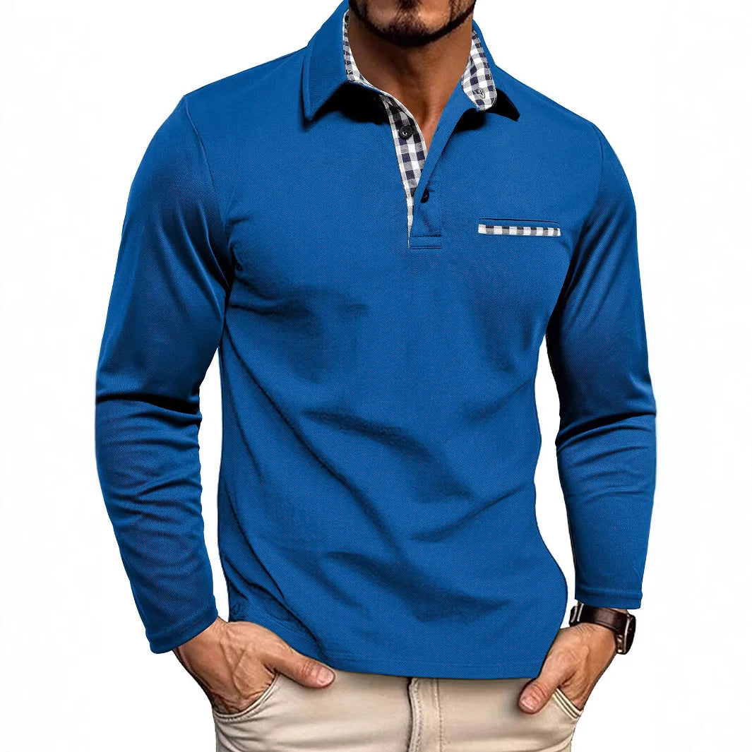 Men's Long Sleeve Tartan Polo Shirt with Collar & Cuffs