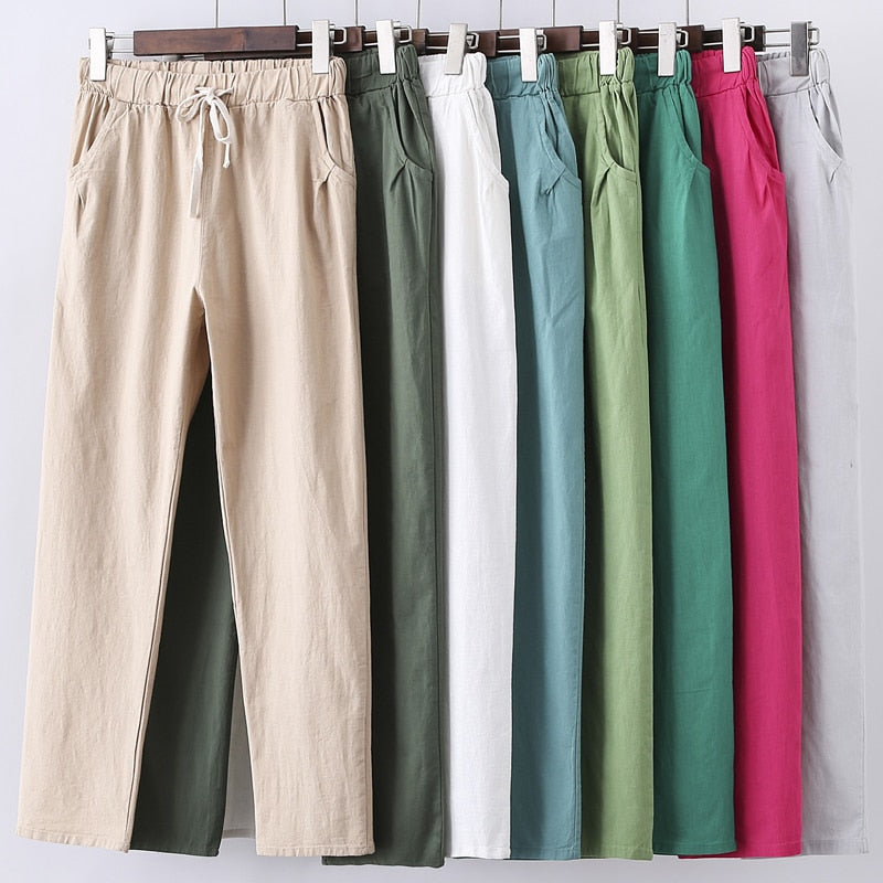 PANTALON EN COTON ET LIN POUR FEMME - TAILLE ÉLASTIQUE