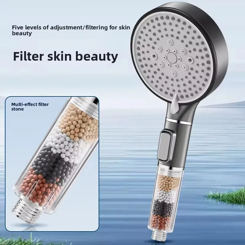 Pommeau de douche haute pression 5 modes avec arrêt — filtre billes minérales anti-chlore