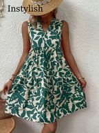 Robe d'Été Boho Florale Élégante Sans Manches Col V à Volants