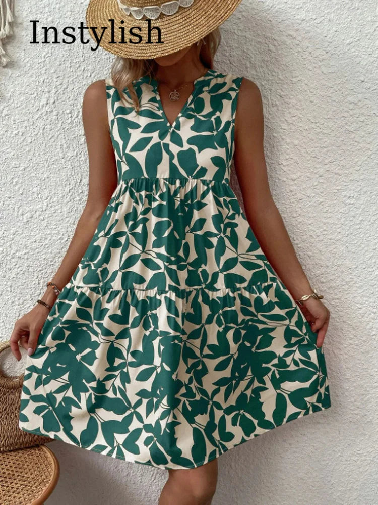 Robe d'Été Boho Florale Élégante Sans Manches Col V à Volants