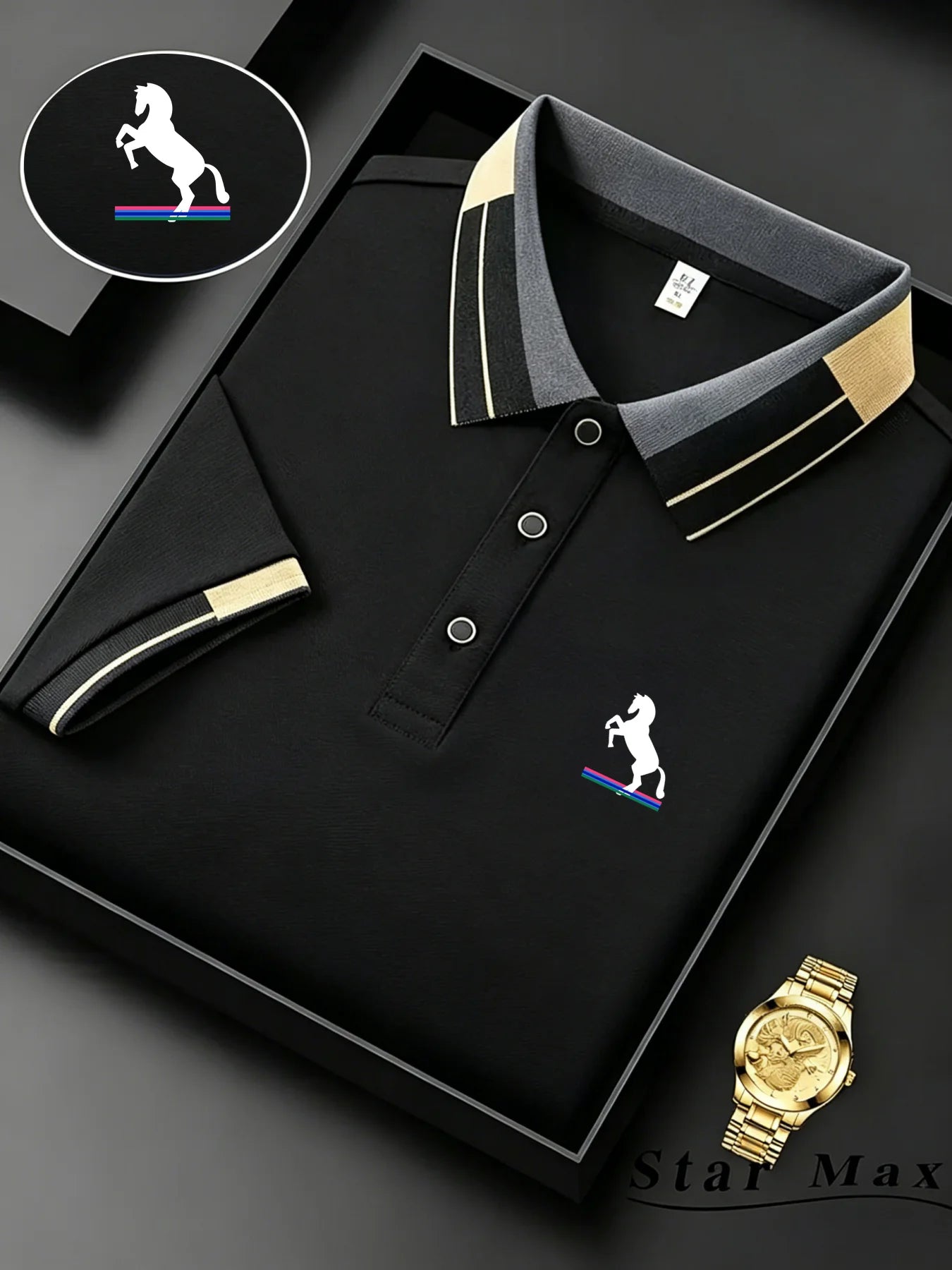 Men's Luxury Embroidered Horse Polo Shirt – Short Sleeve, Milan Style and Business Casual Elegance