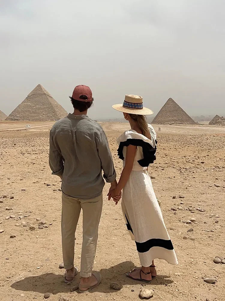 Robe midi élégante en patchwork à volants et taille haute