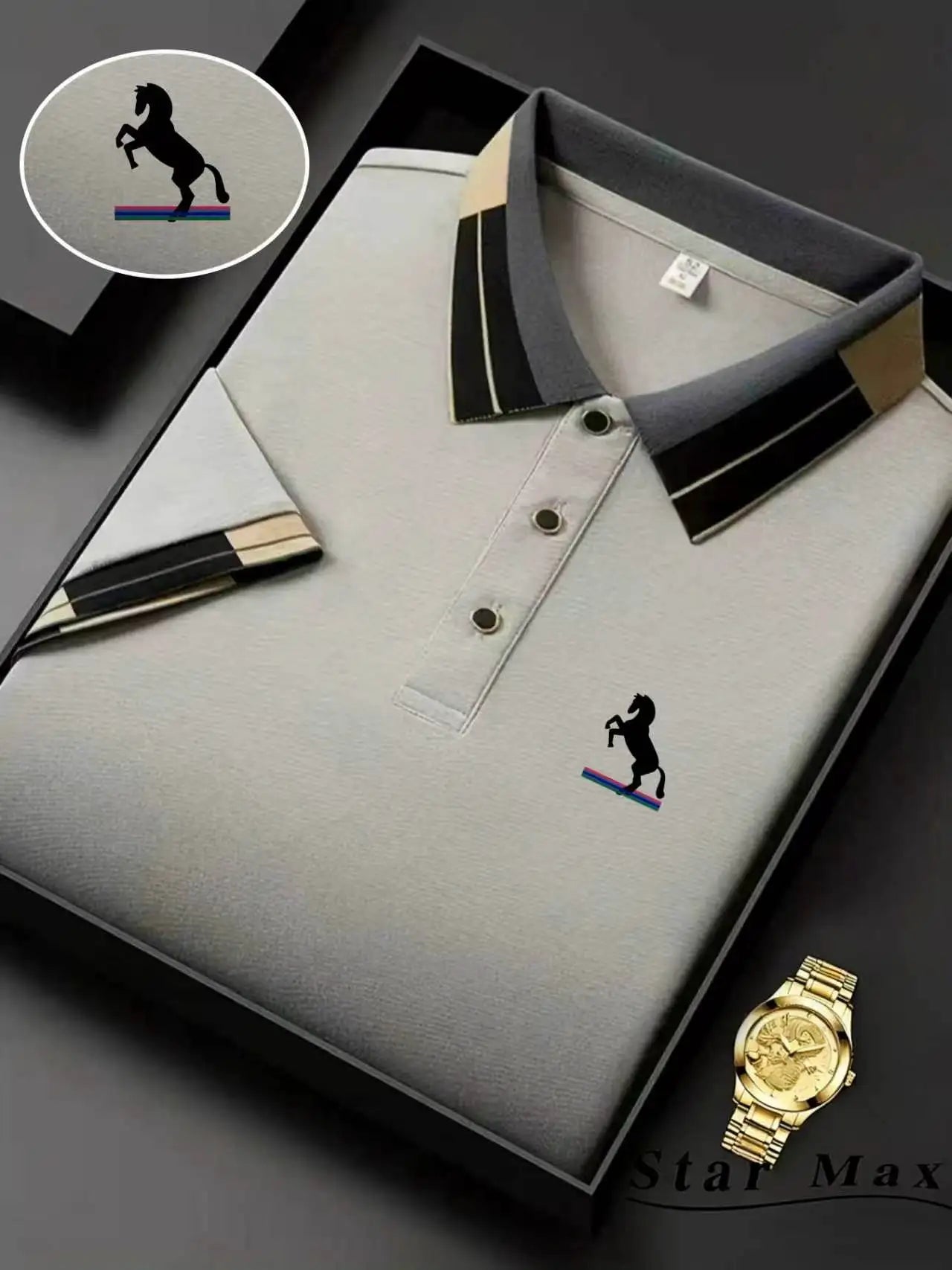 Men's Luxury Embroidered Horse Polo Shirt – Short Sleeve, Milan Style and Business Casual Elegance