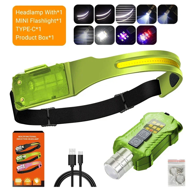 Lampe Frontale LED Rechargeable – 9 Modes & Détection