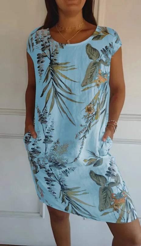 Robe Courte Fluide Col Rond - Motif Tropical