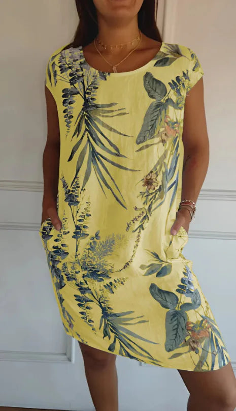 Robe Courte Fluide Col Rond - Motif Tropical