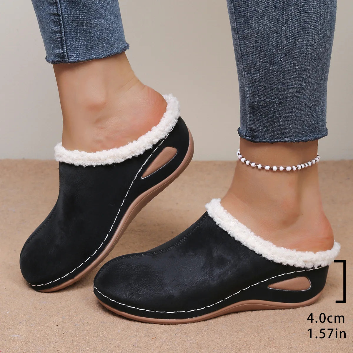 Mules Femme Fourrées pour l’Hiver – Bout Fermé, Semelle à Plateforme & Doublure Chaude et Douce