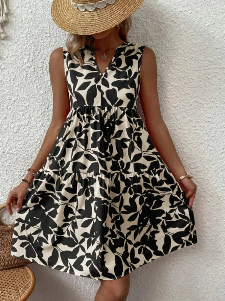 Robe d'Été Boho Florale Élégante Sans Manches Col V à Volants