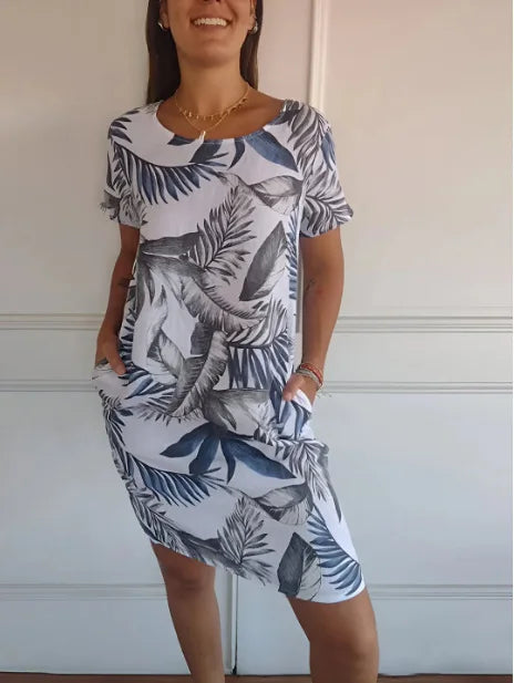 Robe Courte Fluide Col Rond - Motif Tropical