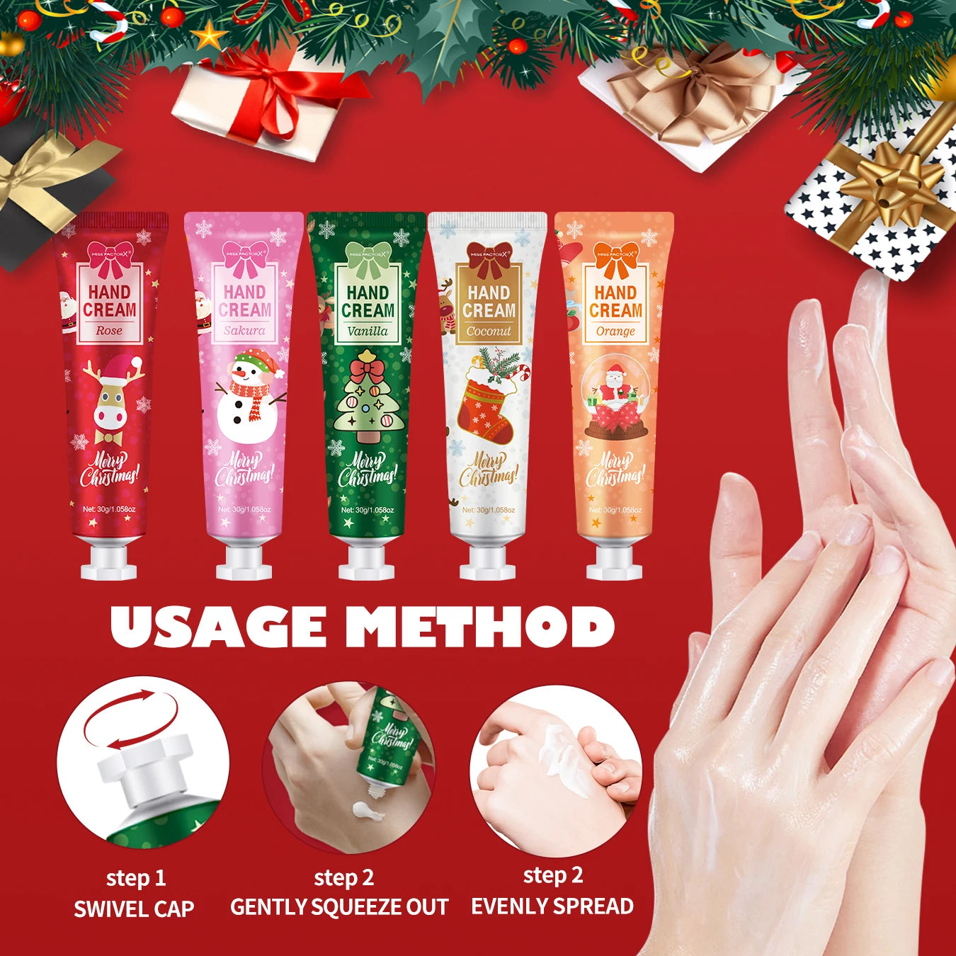 Lot de 5 Crèmes pour les mains hydratantes de Noël - Idée cadeau