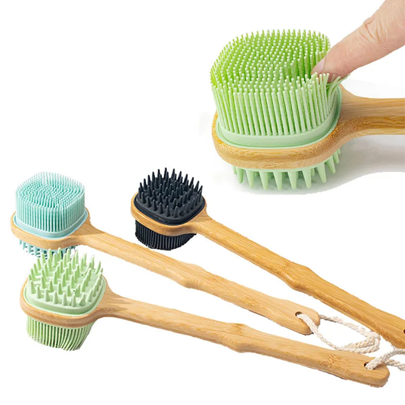 Brosse de douche en Bambou et Silicone souple long manche - 2 faces
