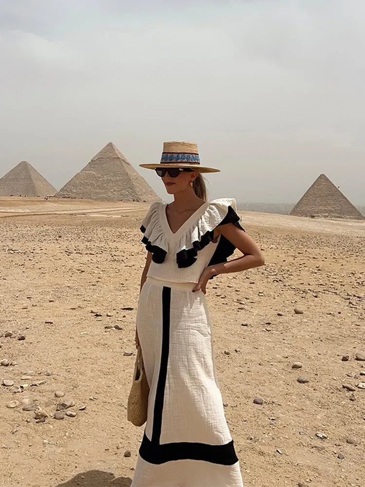 Robe midi élégante en patchwork à volants et taille haute