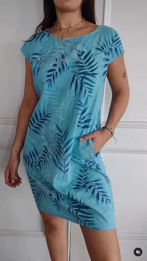 Robe Courte Fluide Col Rond - Motif Tropical