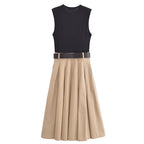 Robe 2 en 1 Jupe Plissé Beige, Débardeur Noir & Ceinture Croco
