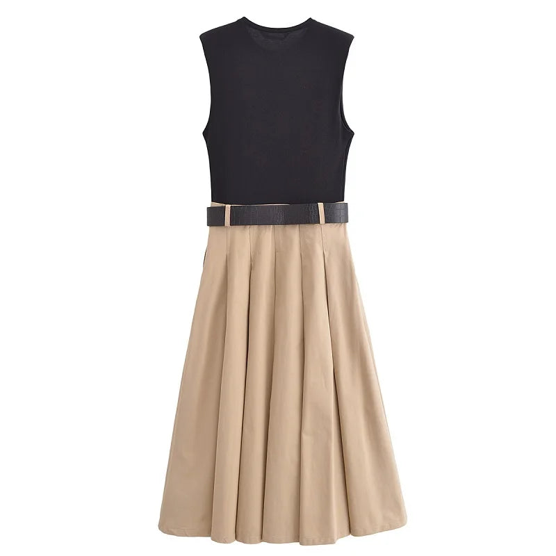 Robe 2 en 1 Jupe Plissé Beige, Débardeur Noir & Ceinture Croco