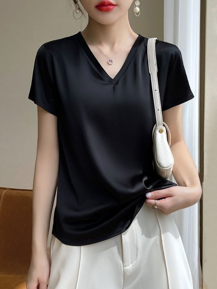 Women's lightweight satin V-neck T-shirt