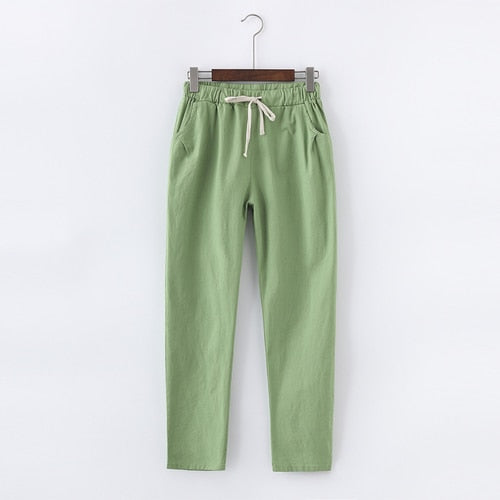 PANTALON EN COTON ET LIN POUR FEMME - TAILLE ÉLASTIQUE