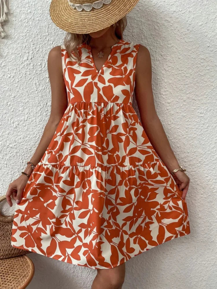 Robe d'Été Boho Florale Élégante Sans Manches Col V à Volants