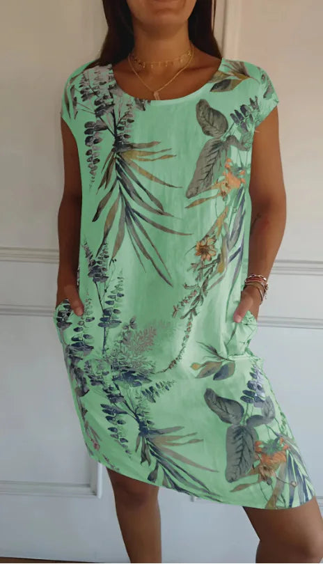 Robe Courte Fluide Col Rond - Motif Tropical