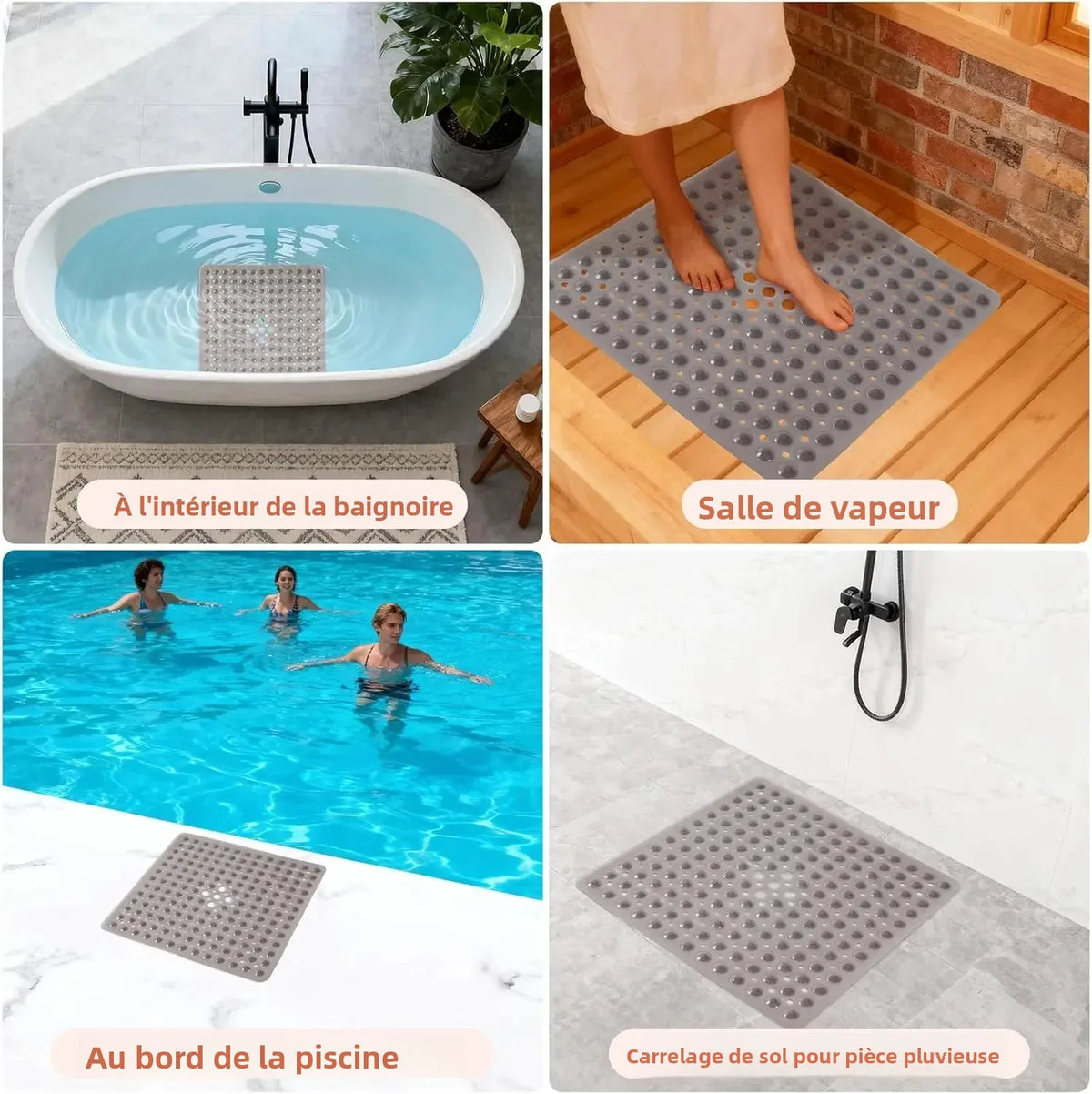 Tapis de Douche Antidérapant 53×53 cm – Ventouses et Trous de Drainage