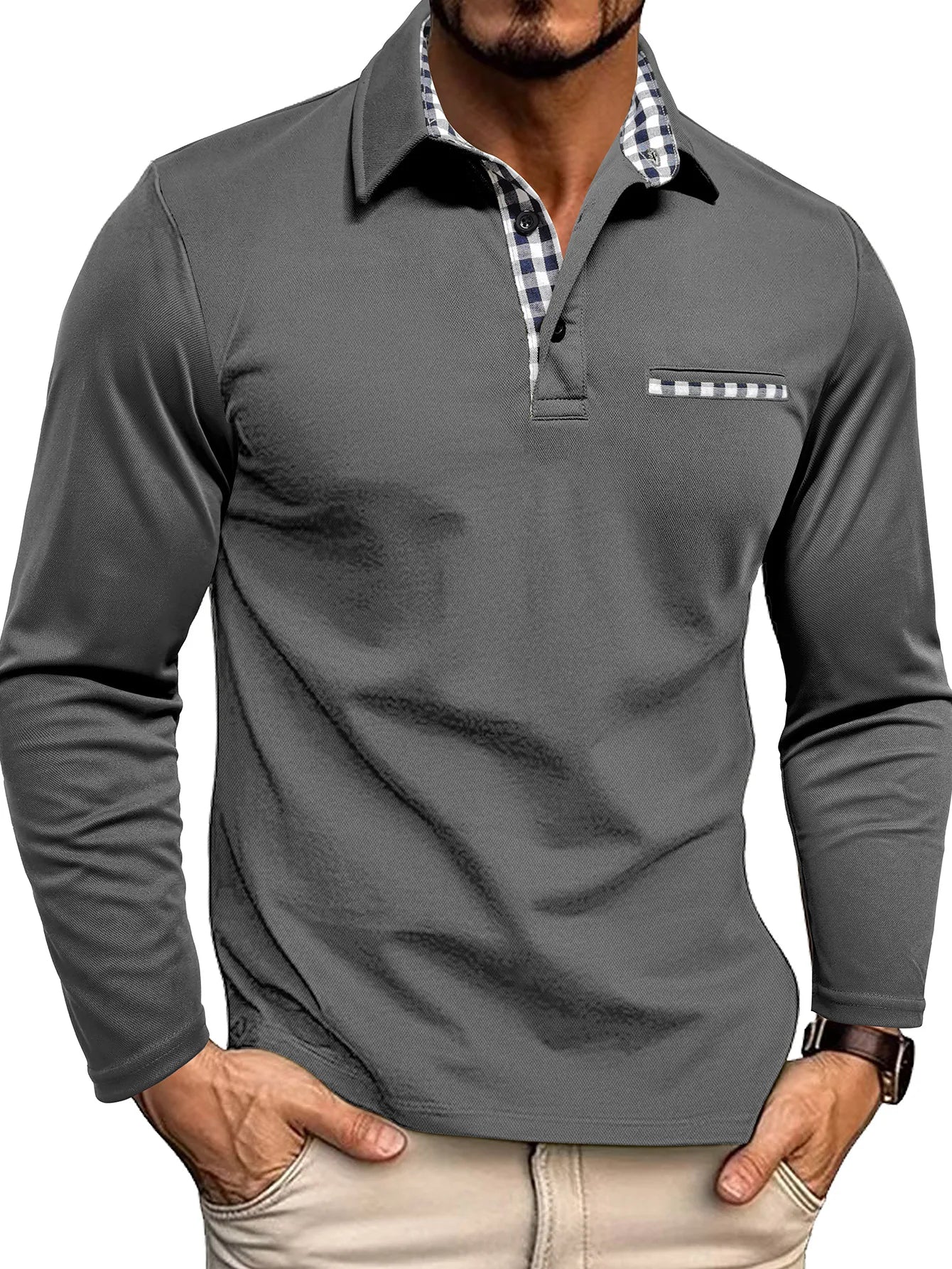 Men's Long Sleeve Tartan Polo Shirt with Collar & Cuffs