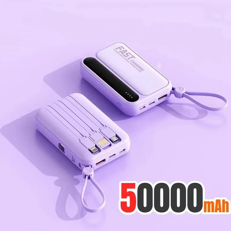 Compact Power Bank with Built-in Cables - 4-in-1 50000mAh