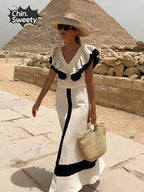 Robe midi élégante en patchwork à volants et taille haute