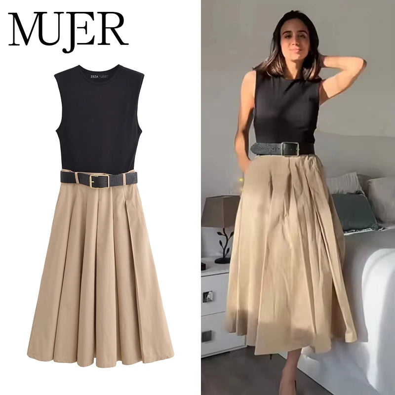Robe 2 en 1 Jupe Plissé Beige, Débardeur Noir & Ceinture Croco