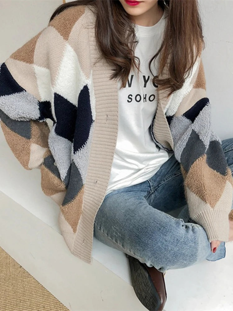 Cardigan chic épais et oversize - Motif argyle à losanges