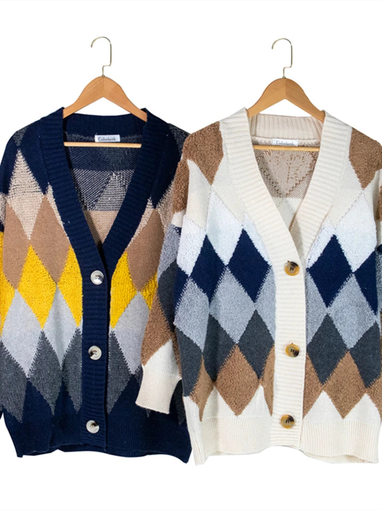 Cardigan chic épais et oversize - Motif argyle à losanges