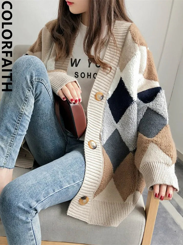 Cardigan chic épais et oversize - Motif argyle à losanges