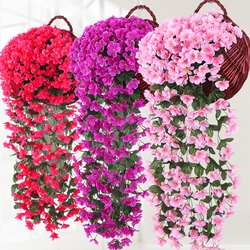 Panier de fleurs suspendu - Violettes, Orchidées, Roses..