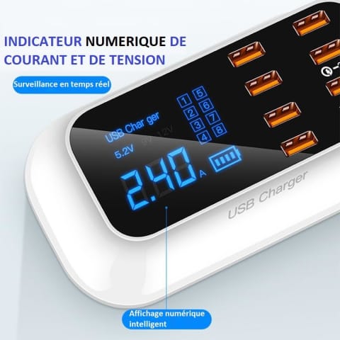 Chargeur Rapide USB 8 Ports 3.0 - Affichage LCD